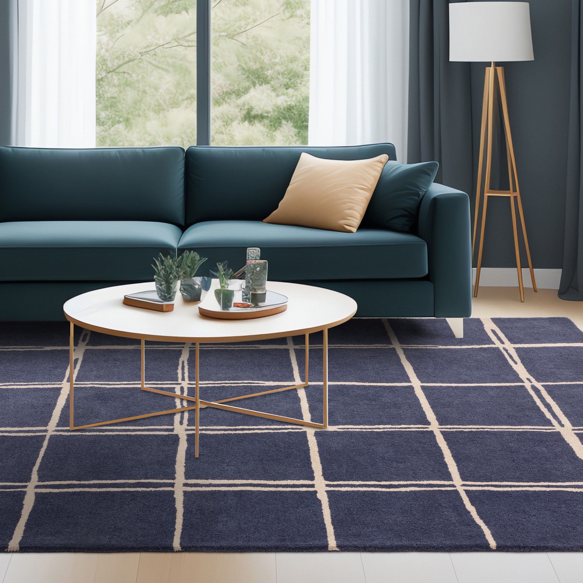 Albany Grid Modern Geometric Wool Rugs In Marine Blue